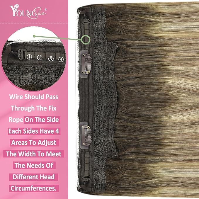 YoungSee Wire Human Hair Extensions Brown Blonde Invisible Wire Hair Extensions Real Human Hair Walnut Brown Ombre Blonde Highlight Remy Human Hair Fish Line Extensions 14Inch 80G