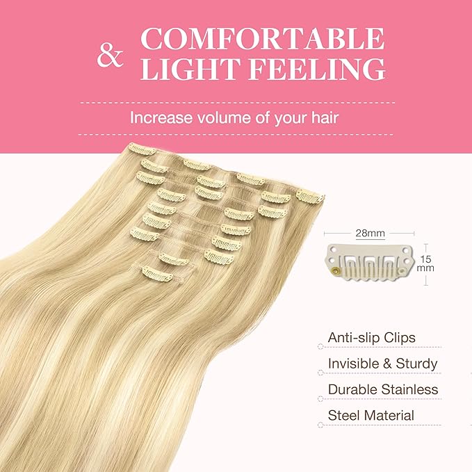 GOO GOO Clip in Hair Extensions Real Human Hair, Remy Human Hair Extensions Clip ins for Women, Natural Human Hair, 20inch 150g 9Pcs, 18A/613A Dark Blonde Highlighted Bleach Blonde