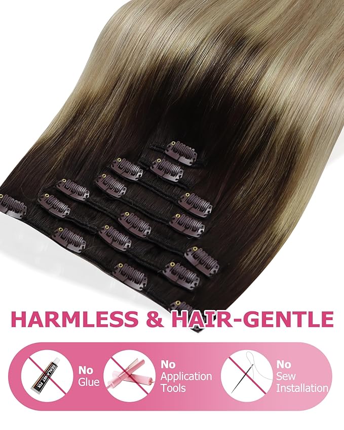 YoungSee Ombre Hair Extensions Clip ins Medium Brown Roots to Golden Mix Platinum Blonde Clip in Hair Extensions Real Human Hair Brown to Blonde Clip in Hair Extension Short Hair 12Inch 7Pcs 85G