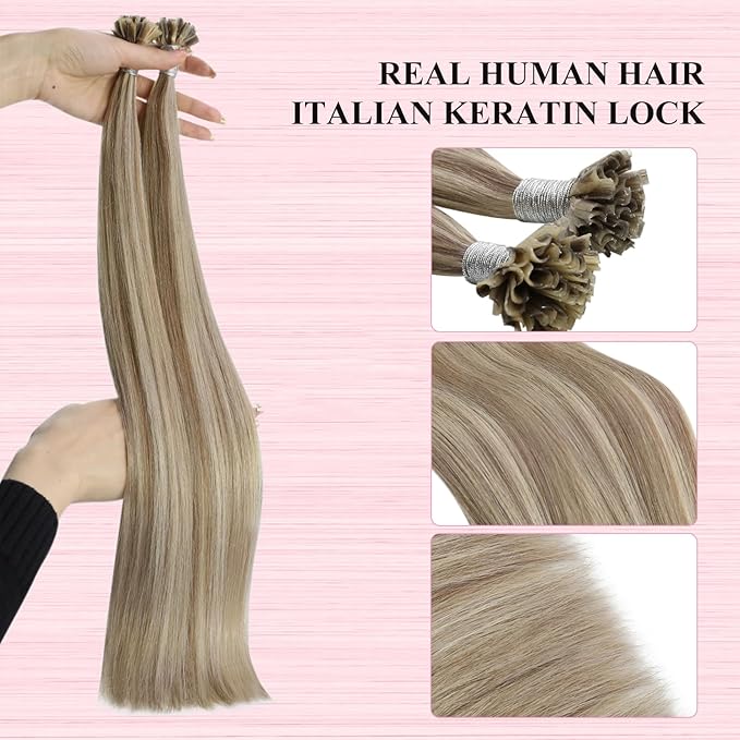 YoungSee Utip Hair Extensions Human Hair Long Straight U Tip Real Hair Extension Light Brown Highlights Blonde K Tips Human Hair Extensions Hot Fusion Ktip Extenesion Remy Hair Add Length 24In 50s/50g