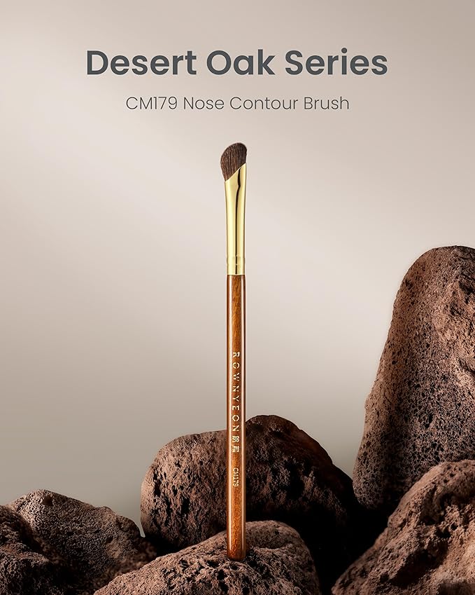 Desert Oak Series Nose Contour Brush - Angled Pony Hair Bristles for Seamless Sculpting, Dual-Use with Cream/Powder, Ebana Handle & Brass Ferrule (CM 179)