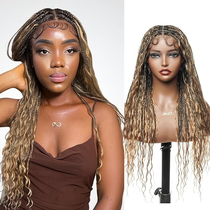 Human Hair Boho Curls Hand-Tied HD Full Lace Wig - 24" Salon-Level Small Box Synthetic Braids (80 Braids, Medium Density) Pre-Cut Swiss HD Lace, Pre-Plucked, Tangle-Free - 1B/27 Honey Blond