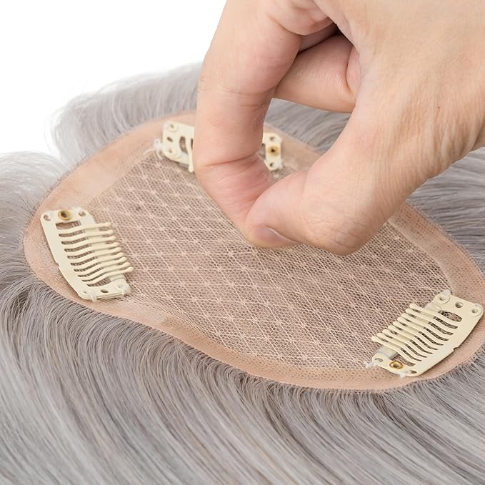 Hairro Human Hair Toppers Free Parted, 3.5x4.7" Base Hand-wovened 100% Real Hairpieces, with Invisible Clips-in for Women, for High Hairline/Adding Volume on Top, 14 Inch Grey