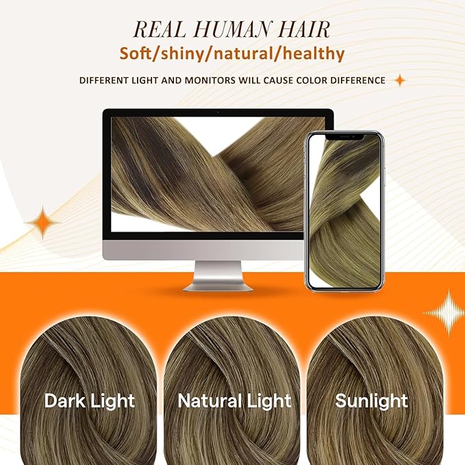 Full Shine Real Hair Extensions Clip in Human Hair 22 Inch Seamless Clip in Hair Extensions Dark Brown Balayage to Light Brown with Caramel Blonde Softness 8 PCS 120 G