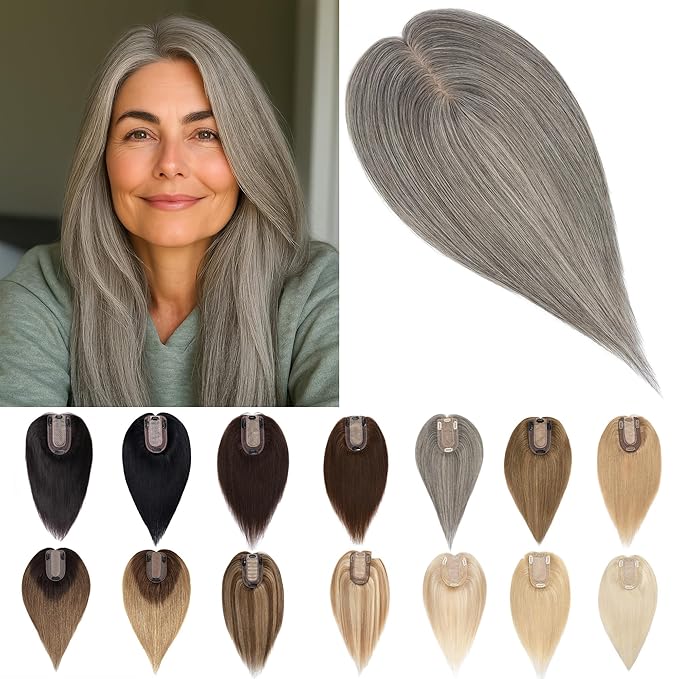 SEGO Grey Hair Toppers for Women Real Human Hair No Bangs, Salt and Pepper Hair Topper, 7 * 13 CM Silk Base Clip In Top Pieces Add Volume -12 Inch G2 Dark Grey Mix