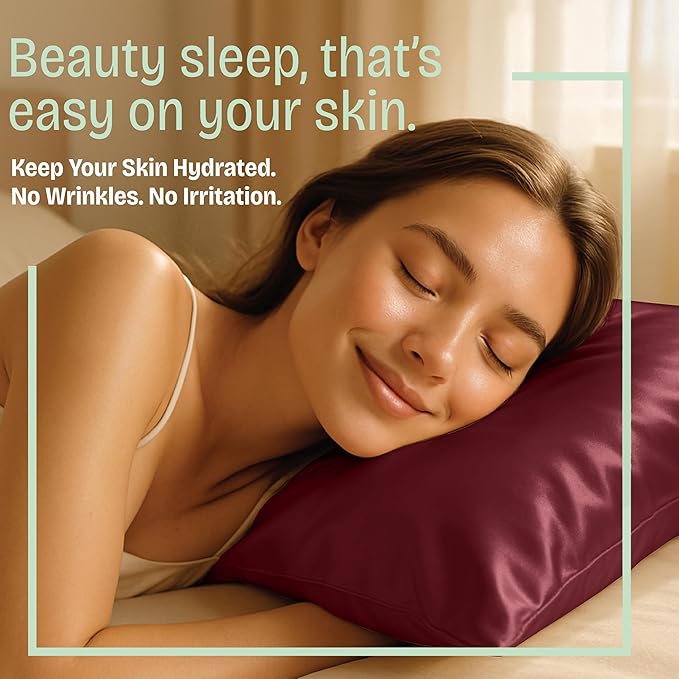 BLISSFORD Satin Pillowcase with Zipper, for Hair and Skin Care, Feels Soft and Cool Like a Silk Pillowcase, Satin Pillow Cases 2 Pack, Slik Pillow Cover, Burgundy, Standard, Set of 2