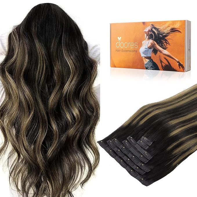 DOORES Hair Extensions Real Human Hair, Natural Black to Chestnut Brown 14 Inch 130g 9pcs, Clip in Remy Human Hair Extensions Seamless Clip ins Straight Hair Invisi Edge Hair Extensions Remy Hair