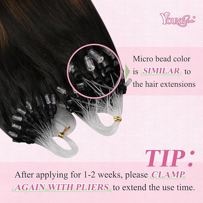 YoungSee Micro Bead Hair Extensions Real Human Hair Balayage Microbead Hair Extensions Dark Brown Ombre Medium Browns with Blonde Beaded Hair Extension 22In Pre Bonded Hair Extension 50g 50s