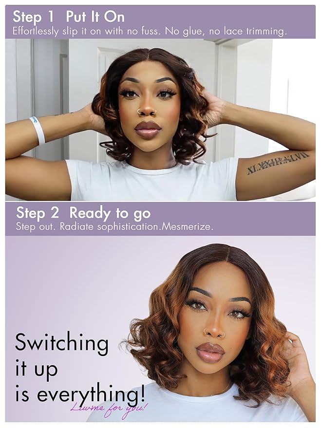 LUVME HAIR 10? Brown Ombre Bob Wig Human Hair Pre Cut Glueless HD Lace Closure Wig Pre Plucked, Light Brown Multicolored Short Loose Wave Wigs For Women