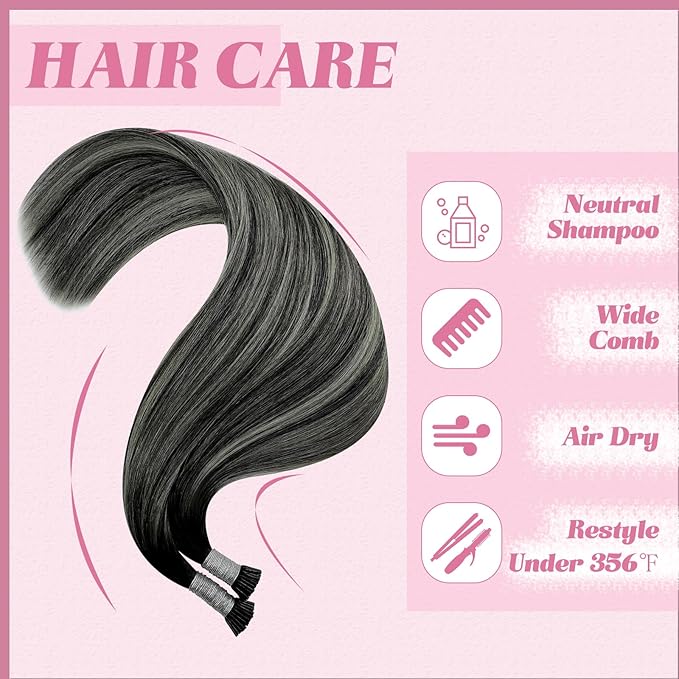 YoungSee I Tip Hair Extensions Human Hair Ombre Black 16 Inch I Tip Hair Extensions Human Hair Balayage Black with Silver Itip Hair Extension 80s 50g Itips Hair Extensions Real Human Hair for Women