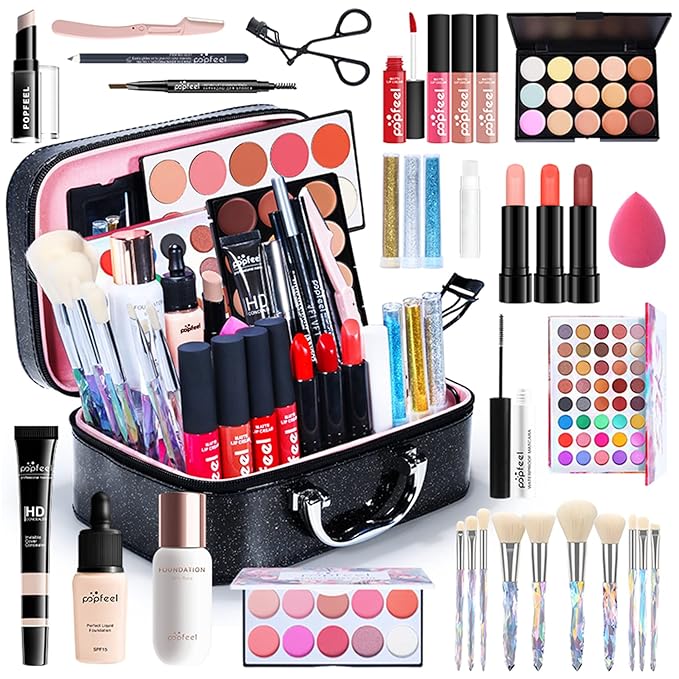 All in One Makeup Kit For Beginners Full Kit, Full Makeup Kit For Teen Girls, Makeup Gift Set, Include Eyeshadows, Concealer, Cosmetic brush, Lip Gloss, Lipstick, Powder puff, Mascara -007
