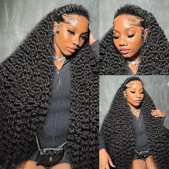 Aomllute 32 Inch Lace Front Wig Human Hair Pre Plucked 200 Density 13x4 HD Deep Wave Lace Frontal Wigs Human Hair with Baby Hair deep Curly human hair Wigs for Women Natural Black