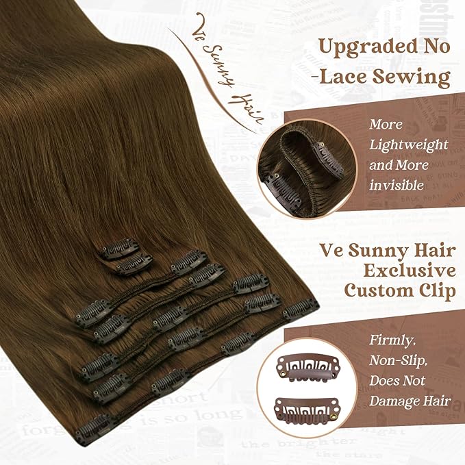 Ve Sunny Real Hair Extensions Clip in Human Hair Cool Ash Brown 22 inch Hair Extensions Clip ins Remy Straight Human Hair for Women 7pcs 120g