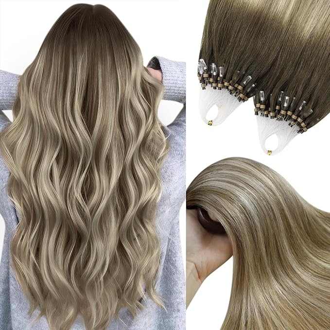YoungSee Micro Beads Hair Extensions Balayage Micro Loop Hair Extensions Real Human Hair Dark Brown Ombre Brown with Blonde Micro Hair Extension 22In Bead Hair Extension Soft for Wedding 50s/50g