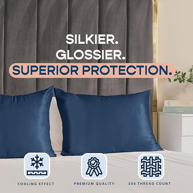 BLISSFORD Satin Pillowcase with Zipper, for Hair and Skin Care, Feels Soft and Cool Like a Silk Pillowcase, Satin Pillow Cases 2 Pack, Slik Pillow Cover, Navy - Queen Size, Set of 2