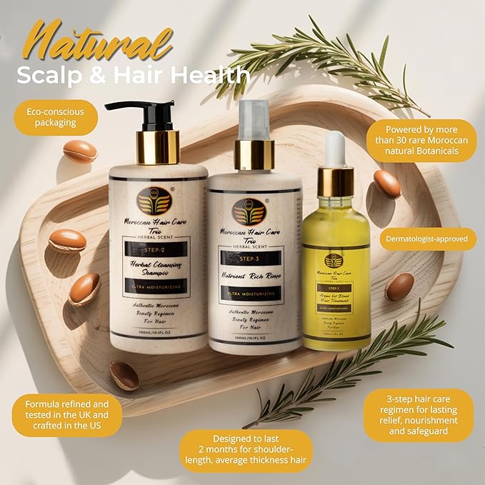 Dry Scalp Treatment for Women – 3-Step Scalp & Follicle Care System – Argan Oil Blend Hair Treatment, Herbal Cleansing Shampoo & Nutrient Rich Rinse – Soothes Itch, Reduces Flakes, Sulfate-Free