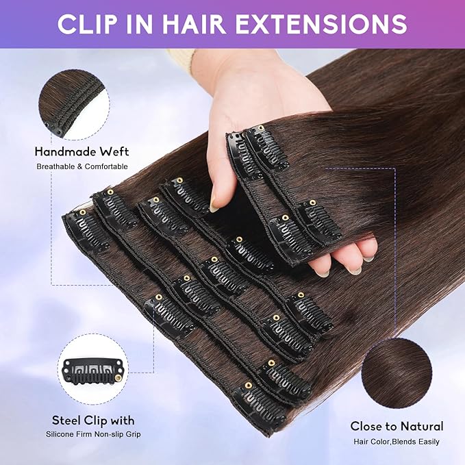 Dark Brown Clip in Hair Extensions Real Human Hair Invisible Seamless Remy Human Hair Clip in Extensions for Women 16 Inch 90g, 8pcs Per Set with Double Weft