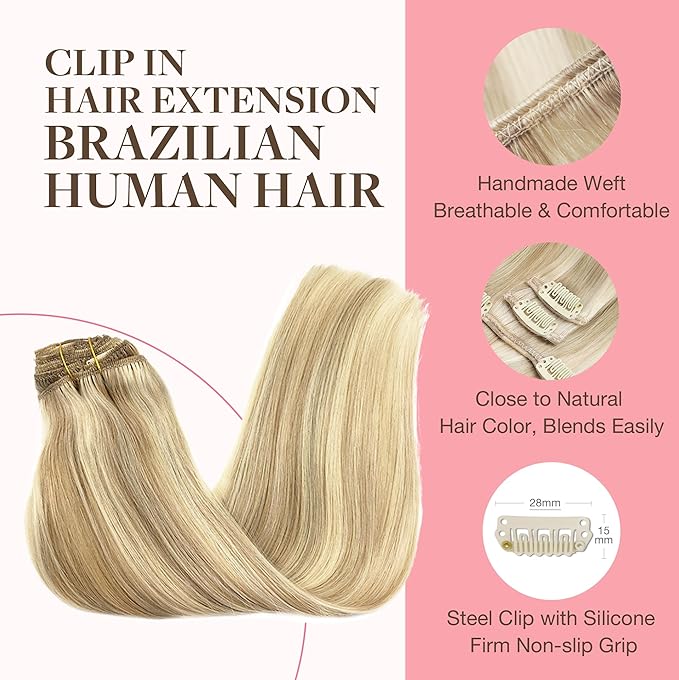 GOO GOO Clip in Hair Extensions Real Human Hair, Remy Human Hair Extensions Clip ins for Women, Natural Human Hair, 12inch 85g 7Pcs, #18A/613A Dark Blonde Highlighted Bleach Blonde