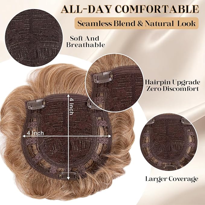 Short Hair Topper for Thinning Hair 4 Inch Short Pixie Cut Toppers Pieces Natural Curly Synthetic Wiglets Hairpieces (Blonde with Highlights, 4 inch)