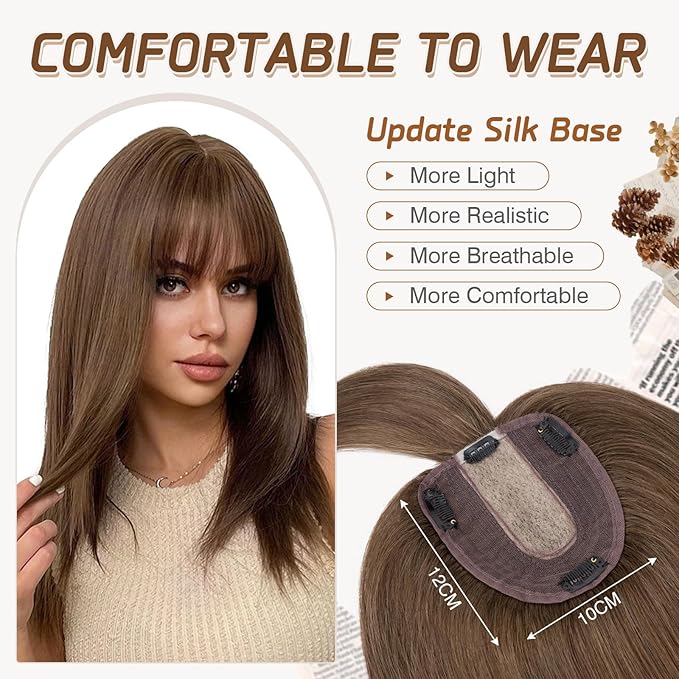 Rich Choices Real Human Hair Toppers for Women With Bang 100% Remy Human Hair Topper for Thinning Hair Clip in Silk Base Hair Topper 6 Inch #4R Chestnut Brown
