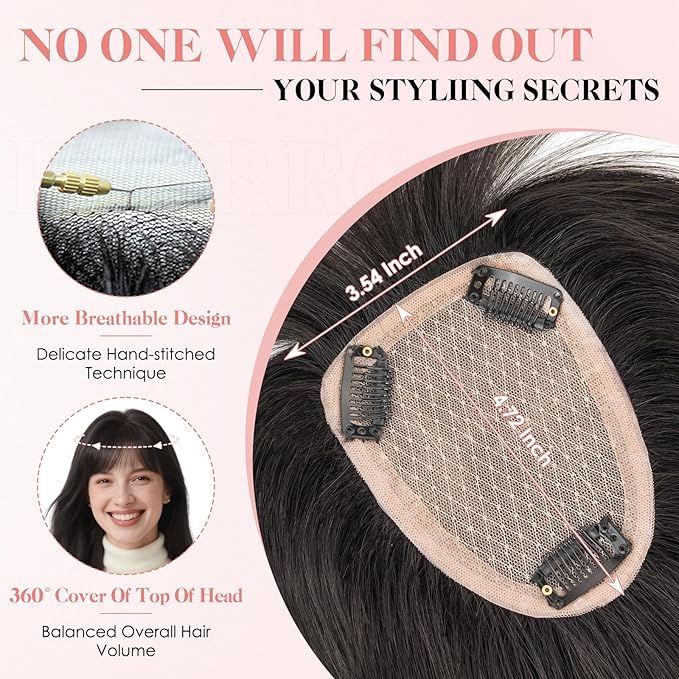 Hairro Human Hair Toppers with Wispy Bangs, 3.5x4.7" Hand-wovened Base for Women with Thinning Hair, Lightweight & Breathable Realistic Scalp, Clip-in Hairpieces for Easy Wear, 16 Inch Natural Black