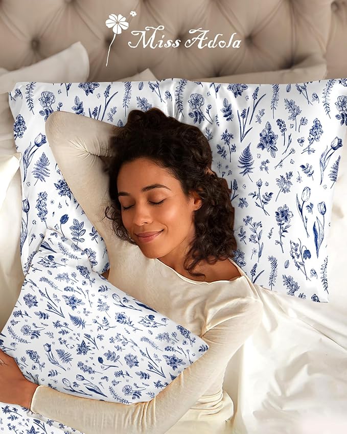 2 Pack Mulberry Silk Pillowcase for Hair and Skin - Standard Size 20 x 26 Inches with Hidden Zipper Blue Line Flower 19 Momme Soft Sleeping Silk Pillow Case for Women, Moms