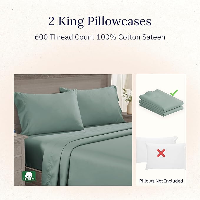 CALIFORNIA DESIGN DEN Luxuriously Soft Hotel Quality 600 Thread Count, 100% Cotton Set of 2 Cases, Crisp & Cool King Pillow Cases 2Pc, Set of 2, Fits King Pillows (Sage)