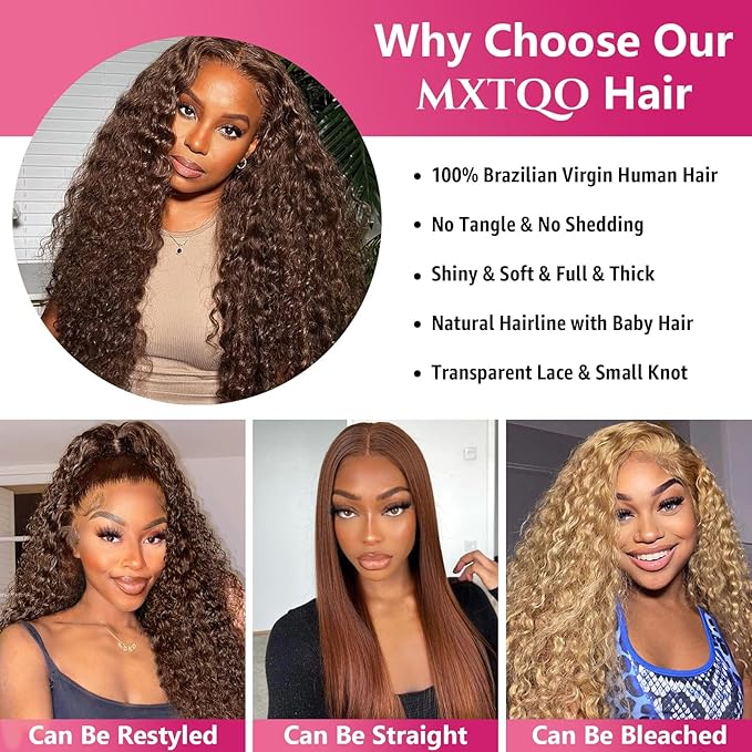 13x6 Deep Wave Lace Front Wigs Human Hair Chocolate Brown 200 Density HD Lace Front Wigs Human Hair Curly Wig Pre Plucked Human Hair Glueless Frontal Wigs with Baby Hair (34 Inch)