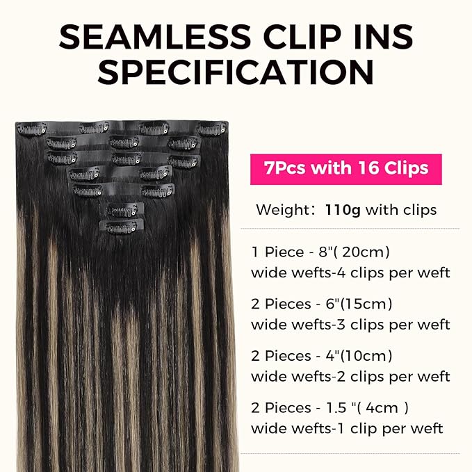 Lashey Seamless Clip in Hair Extensions Human Hair, 110g 7pcs Straight Balayage Natural Black to Light Blonde Highlighted Clip in Hair Extensions for Black Women 16 Inch