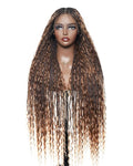Human Hair Boho Curls Hand-Tied HD Full Lace Wig - 36" Salon-Level Small Box Synthetic Braids (121 Braids, High Density) Pre-Cut Swiss HD Lace, Pre-Plucked, Knotless - 1B/30 Ombre Brown