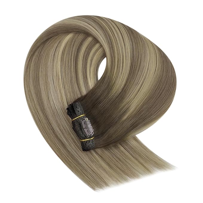 YoungSee 150G Clip in Human Hair Extensions Brown Clip on Hair Extensions for Women Walnut Brown Ombre Light with Blonde Clip in Hair Extension Real Human Hair 22inch 7pcs