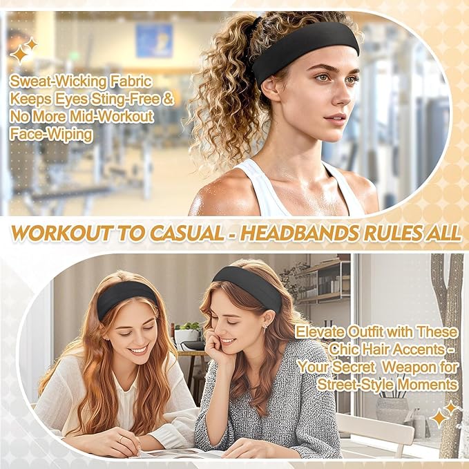 Black Headband for Women and Men - 8 Pcs Head Bands for Women's Hair Accessory Elastic Cloth Running Headbands for Workout Sport Valentines Day Gifts for Him Easter Basket Stuffers for Adult Woman