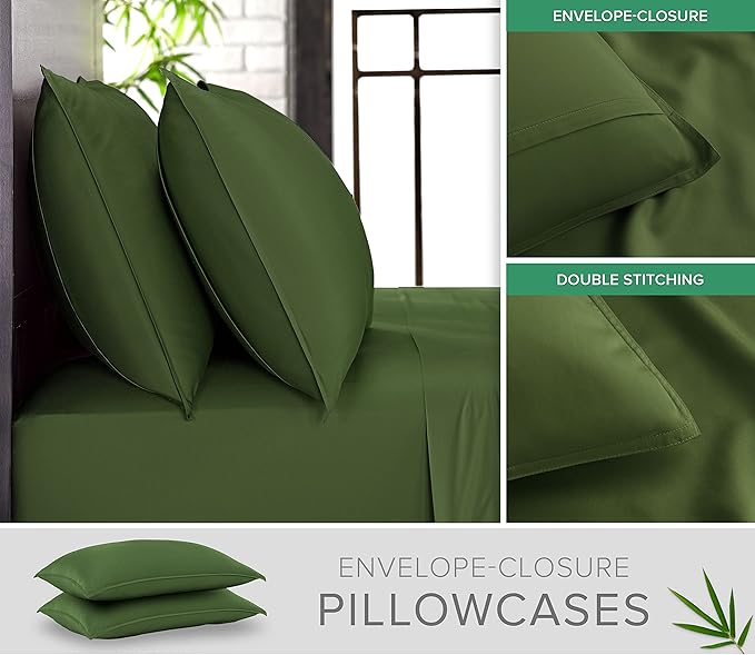 King Pillowcases by Pure Bamboo, Genuine 100% Organic Viscose Derived from Bamboo, Luxuriously Soft & Cooling, Double Stitching, Envelope Closure (2 King Pillowcases, Pesto)
