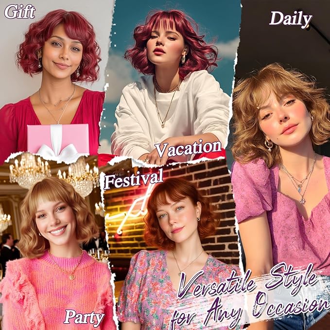 BARSDAR Natural Red Short Wavy Wig with Bangs - Short Wavy Ginger Auburn Wig for Women - Curly Wavy Textured French Bob Wigs with Bangs Soft Synthetic Natural Looking Face-Framing Daily