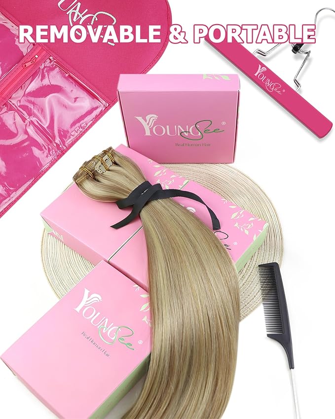 YoungSee Clip in Human Hair Extensions Blonde Clip on Hair Extension for Women Light Blonde Mixed Golden Blond Hair Extension Clip ins for Full Head 7Pcs 20In 120G