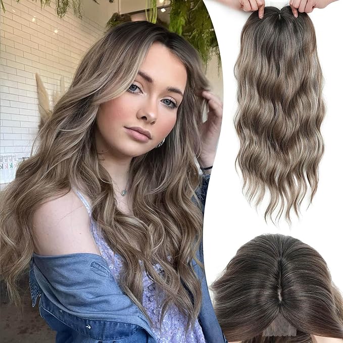 MORICHY Hair Toppers for Women Clip in Hair Topper with Bangs 20inch Mocha Brown with Blonde Highlights Long Wavy Curly Synthetic HairPieces for Women