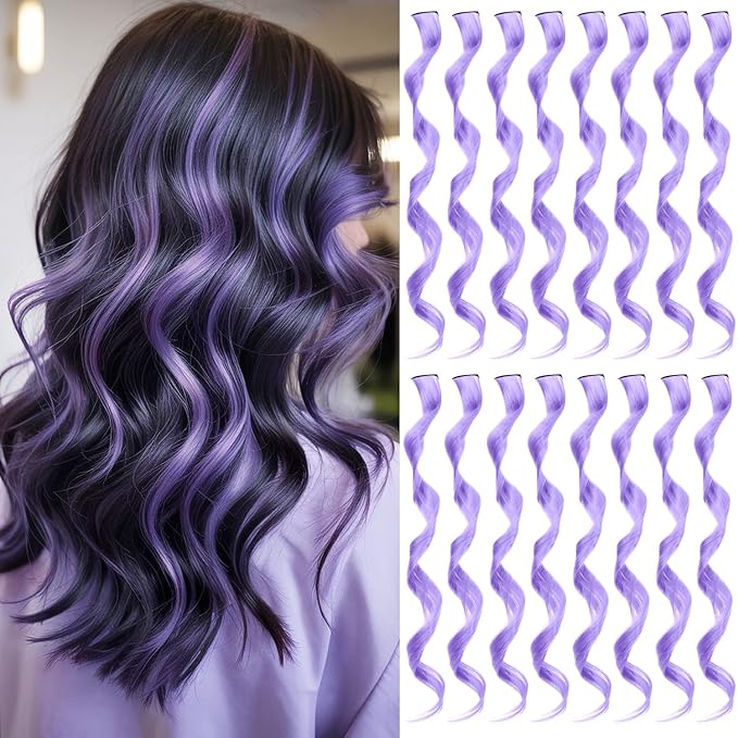 16 Pcs Colored Hair Extensions Curly Wavy Clip in Synthetic Hair Extensions,Colorful Party Highlights Hairpiece Streak for Girls Women Kids Cosplay Party Christmas Gift(Light Purple)