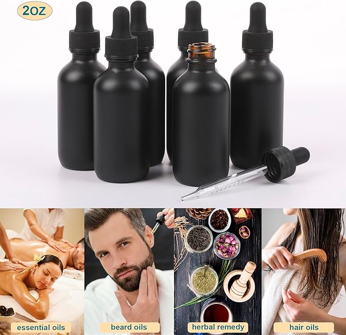 2oz Glass Dropper Bottle,Preety Texture Tincture Bottles with Precise Scales Eye Droppe,for All Kinds Of Mixed Liquids,Leak-Proof Design for Easy Travel (Black Frosted-48Pack)