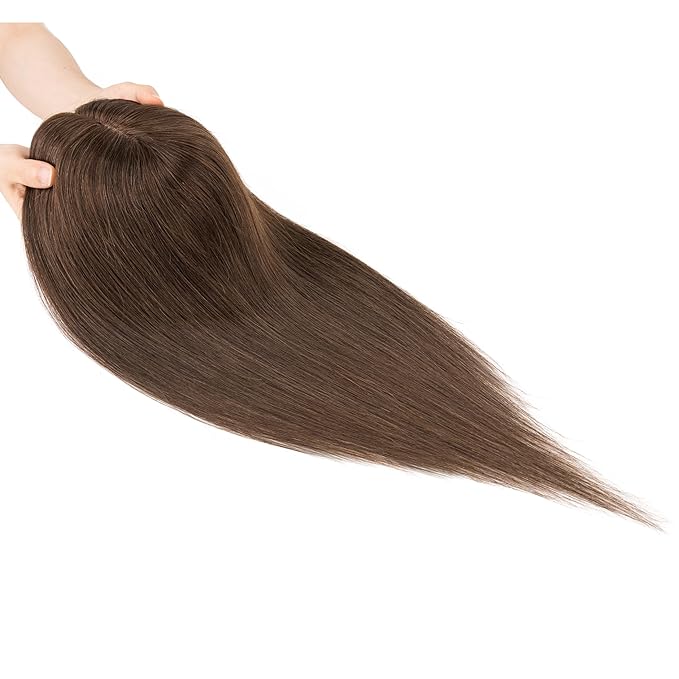 Hairro Human Hair Toppers Free Parted, 3.5x4.7" Base Hand-wovened 100% Real Hairpieces, with Invisible Clips-in for Women, for High Hairline/Adding Volume on Top, 12 Inch Dark Brown