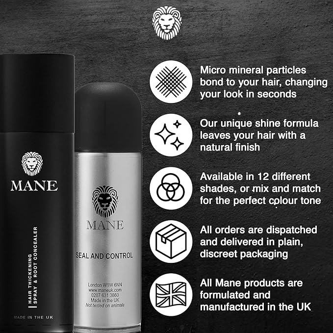 MANE Hair Thickening Spray & Root Touch Up, Seal & Control Combo Pack, Instantly Thicker Hair for Men & Women, Fill in Hairlines and Hide Thinning and Fine Patches - Gray, 12 Colors (6.76 oz)