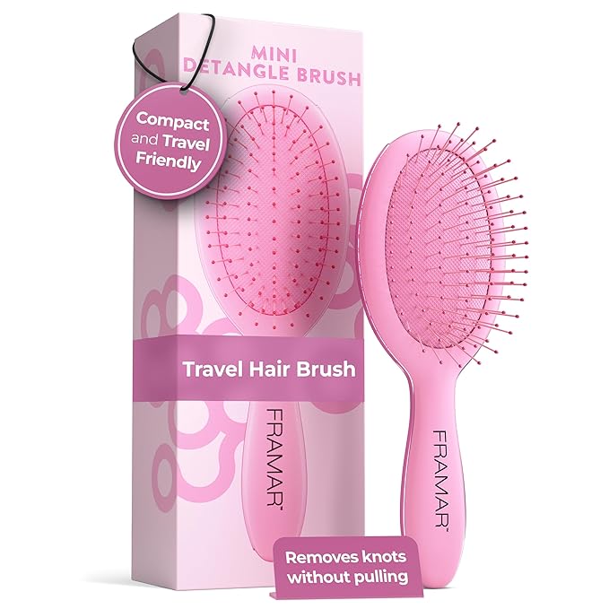 FRAMAR Mini Hair Brush Detangler – Mini Brush For Hair, Small Travel Hair Brush For Women, Travel Hairbrush Detangler, Compact For Travel, Reduces Breakage, For All Hair Types – Matte Pink