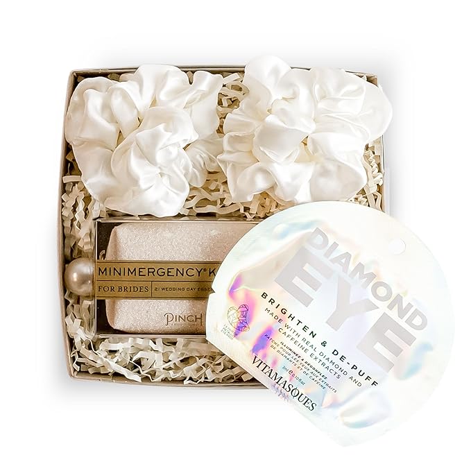 Bride Gift Box - Bride to Be Gift Set for Bridal Shower, Engagement Party, Bachelorette Party, Wedding Shower - White Silk Sateen Hair Scrunchies, Diamond Eye Mask, Bride Emergancy Kit