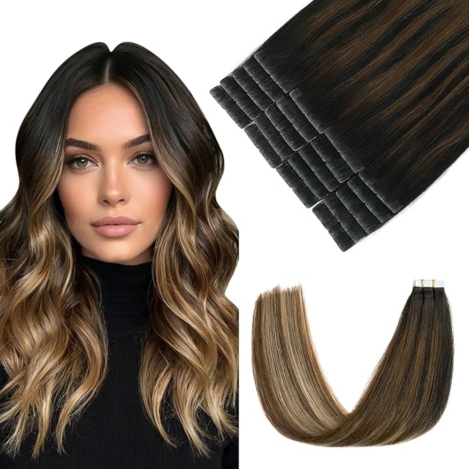 Pinkpearl Invisible Tape in Hair Extensions Human Hair, 20pcs 20inch 55g #1B/4/27 Balayage Natural Black to Chocolate Brown and Caramel Blonde Injection Tape in Extensions Remy Human Hair Injected