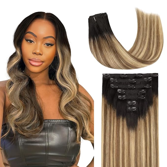 Lashey Clip in Hair Extesnions Real Human Hair 18 Inch 120g 7pcs Straight Clip in Hair Extensions Balayage Ash Brown to Honey Blonde with Dark Root Real Human Hair for Black Women