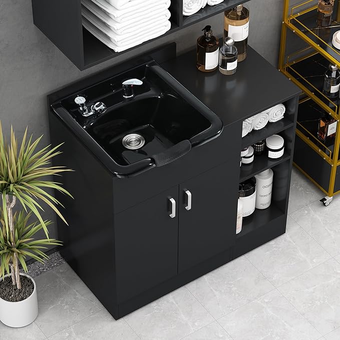 Shampoo Backwash Station for Salons,Salon Station with Shampoo Bowl & Storage Layer,Salon Equipment for Spa Beauty, Black