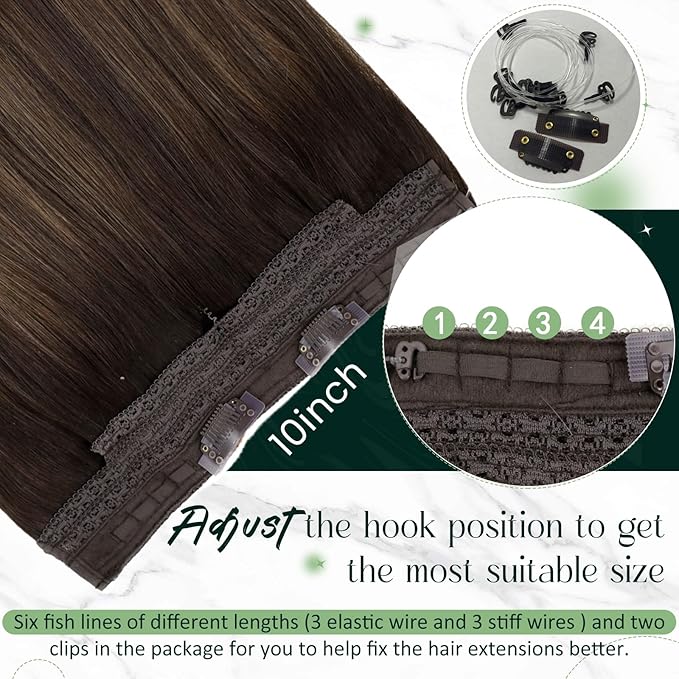 RUNATURE Wire Hair Extensions, Real Human Hair Extensions with Fish Line, Balayage Brown Roots Clip in One Piece Hair Extensions for Women, Straight Silky Natural Hair, 18 Inch 80g #2/2/6