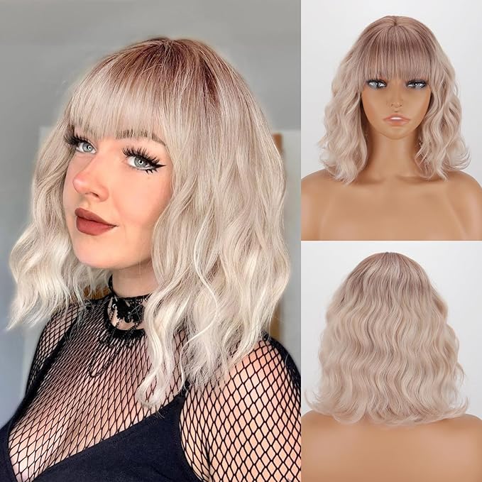 MISSQUEEN Short Ombre Platinum Blonde Wig with Bangs12 Inches Short Wavy Curly Wigs for Women Natural Looking Synthetic Heat Resistant Fiber Wig for Daily Cosplay Halloween Party Use