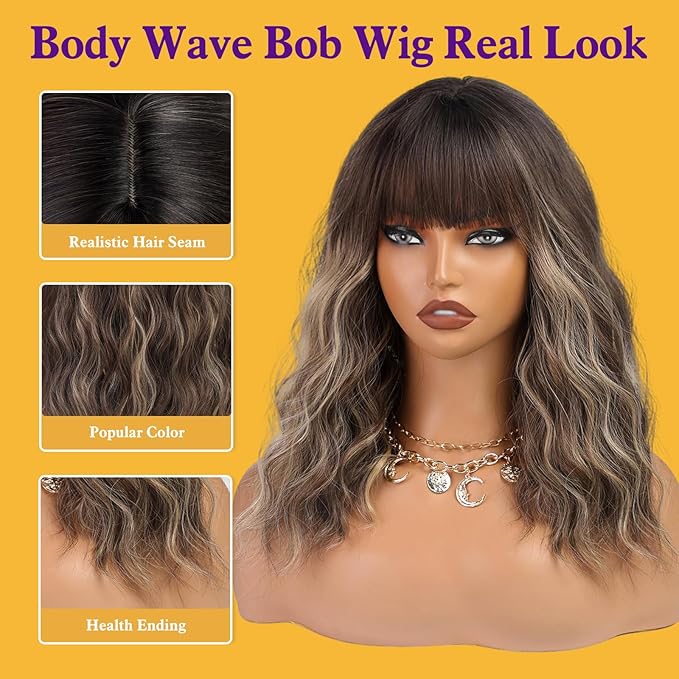 Brown Curly Bob Wig with Bangs Short Wavy Brown mix Blonde Highlight Wigs for Women Lob Haircut Synthetic Heat Resistant Bob Wigs 14IN…
