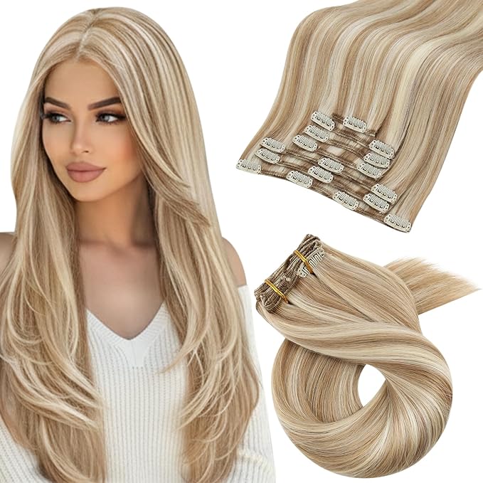 Moresoo Clip in Hair Extensions Real Human Hair Blonde Highlights Brown Hair Extensions Clip ins Golden Brow with Platinum Blonde Double Weft Remy 120g/7pcs 16 inch