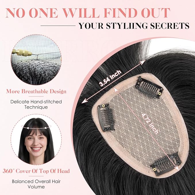 Hairro Human Hair Toppers with Wispy Bangs, 3.5x4.7" Hand-wovened Base for Women with Thinning Hair, Lightweight & Breathable Realistic Scalp, Clip-in Hairpieces for Easy Wear, 10 Inch Jet Black
